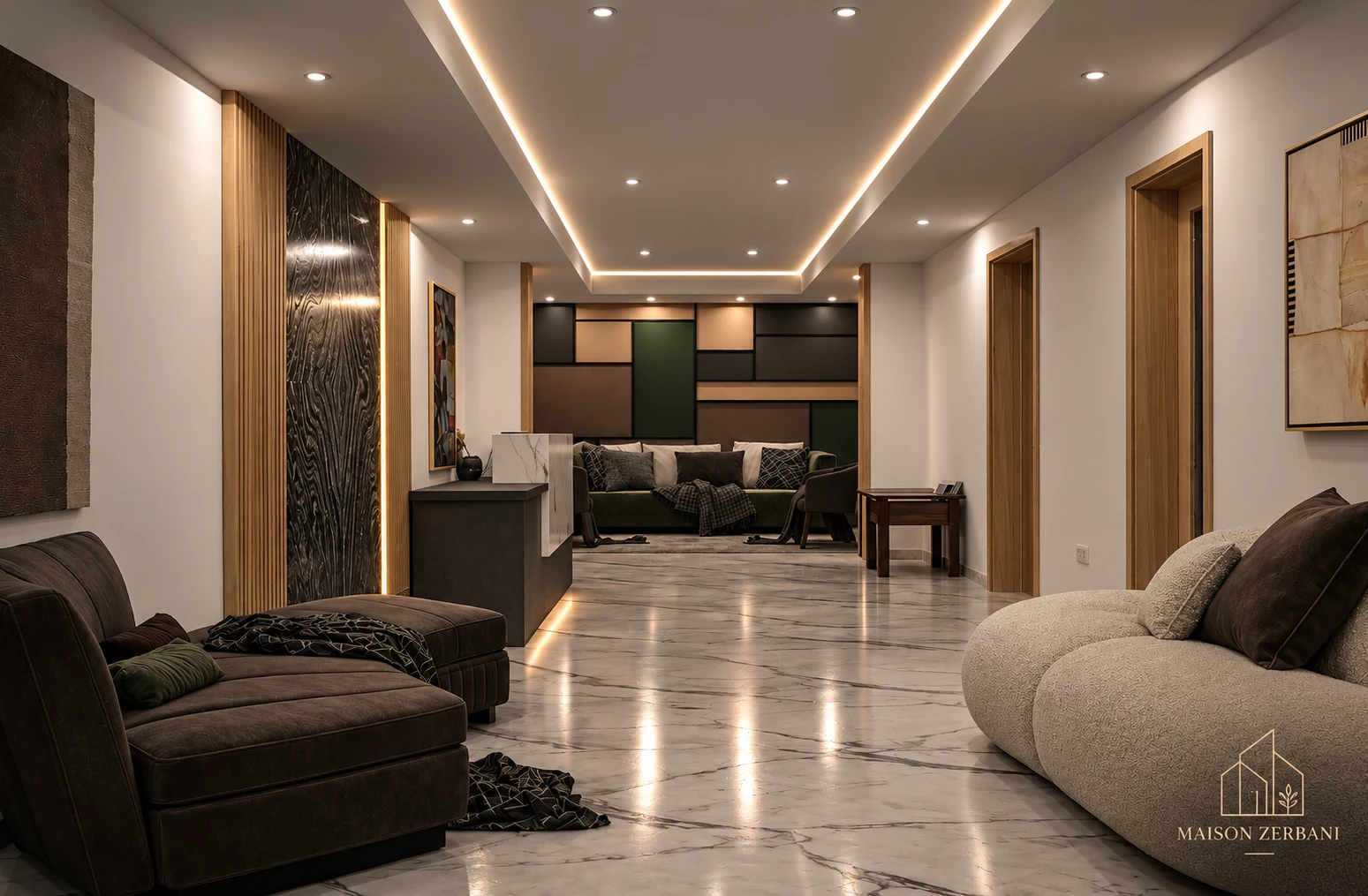 Perspective d’un intérieur Maison Zerbani : boiseries, marbre, mobilier vert forêt et cognac.